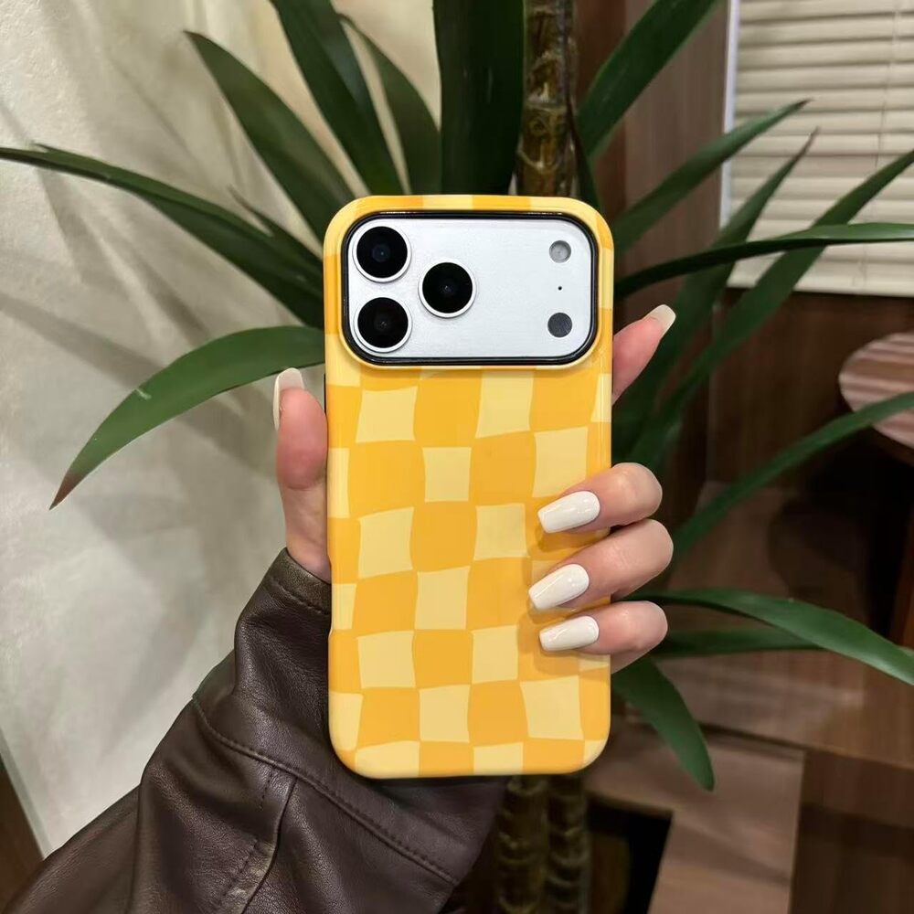 Jusnfu iPhone 17 Pro Max Case Yellow Checkerboard Slim Silicone Protective Cover